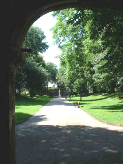 Looking west through the arch doorway of the east pavilion